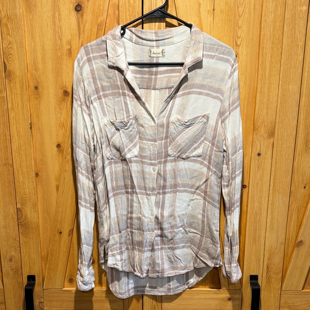 Altar'd State Plaid Button-Down Shirt - Cream and Brown